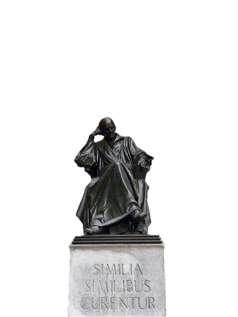 A seated bronze statue on a stone pedestal inscribed Similia Similibus Curentur